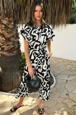 Black And Cream Abstract Print Button Front Collared Tie Waist Jumpsuit