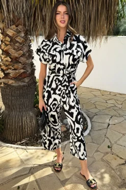 Black And Cream Abstract Print Button Front Collared Tie Waist Jumpsuit