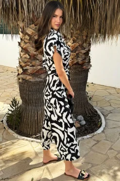 Black And Cream Abstract Print Button Front Collared Tie Waist Jumpsuit