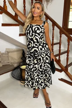 Black And Cream Abstract Print Frill Strap Midi Dress
