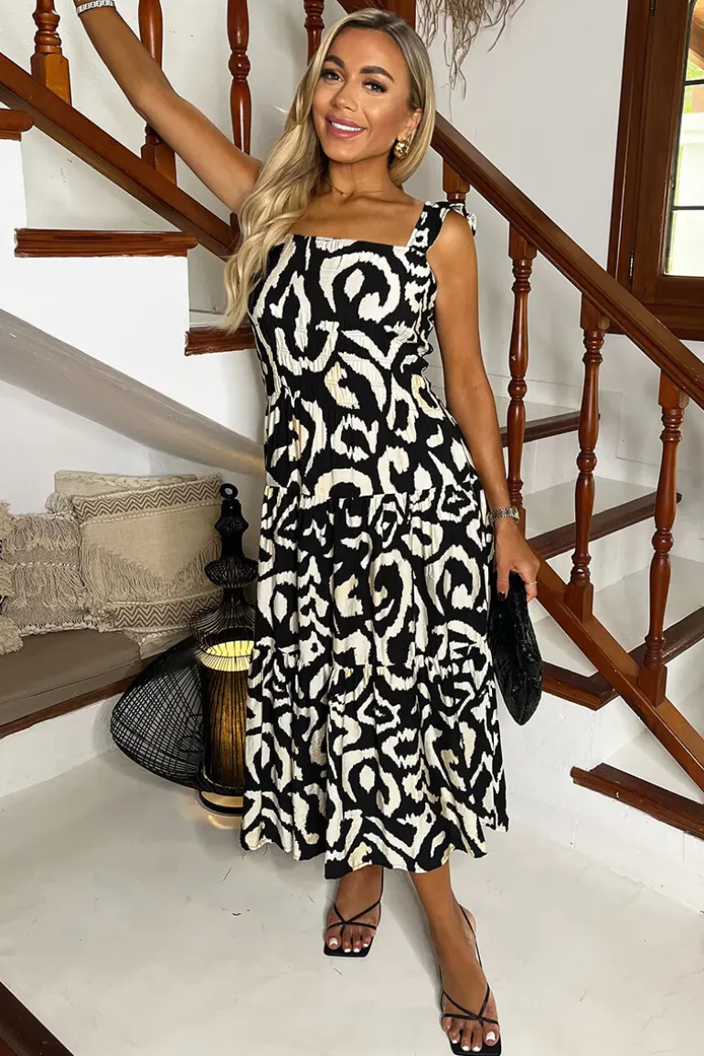 Black And Cream Abstract Print Frill Strap Midi Dress