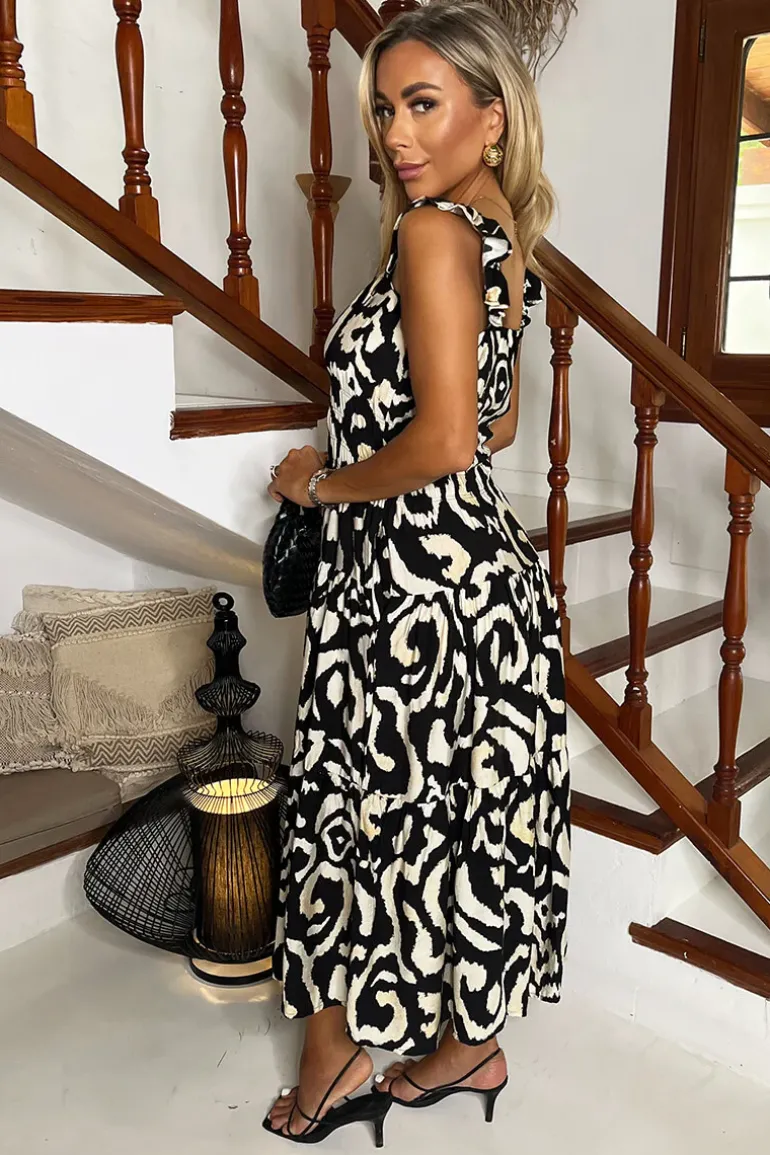Black And Cream Abstract Print Frill Strap Midi Dress