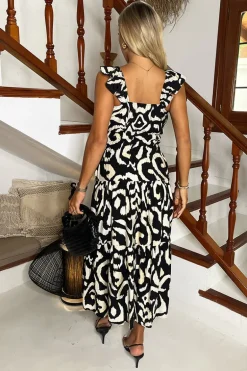 Black And Cream Abstract Print Frill Strap Midi Dress