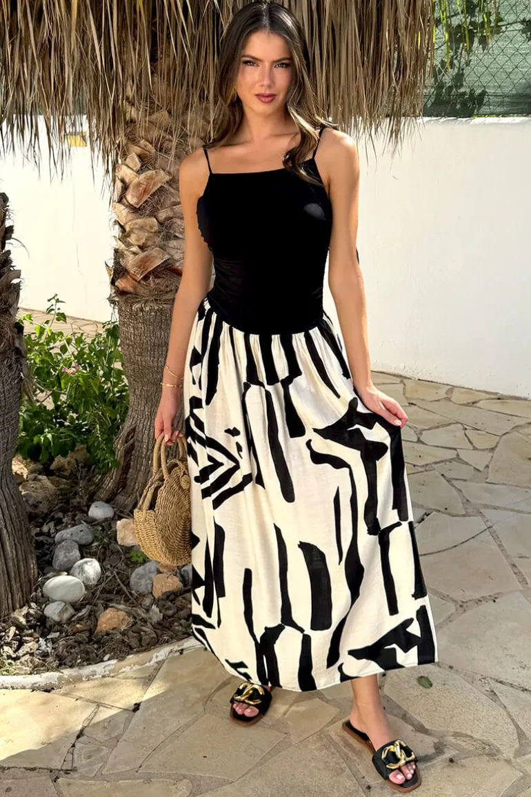 Black And Cream Abstract Print 2 in 1 Ruched Side Tie Straps Midi Dress