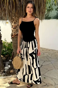 Black And Cream Abstract Print 2 in 1 Ruched Side Tie Straps Midi Dress