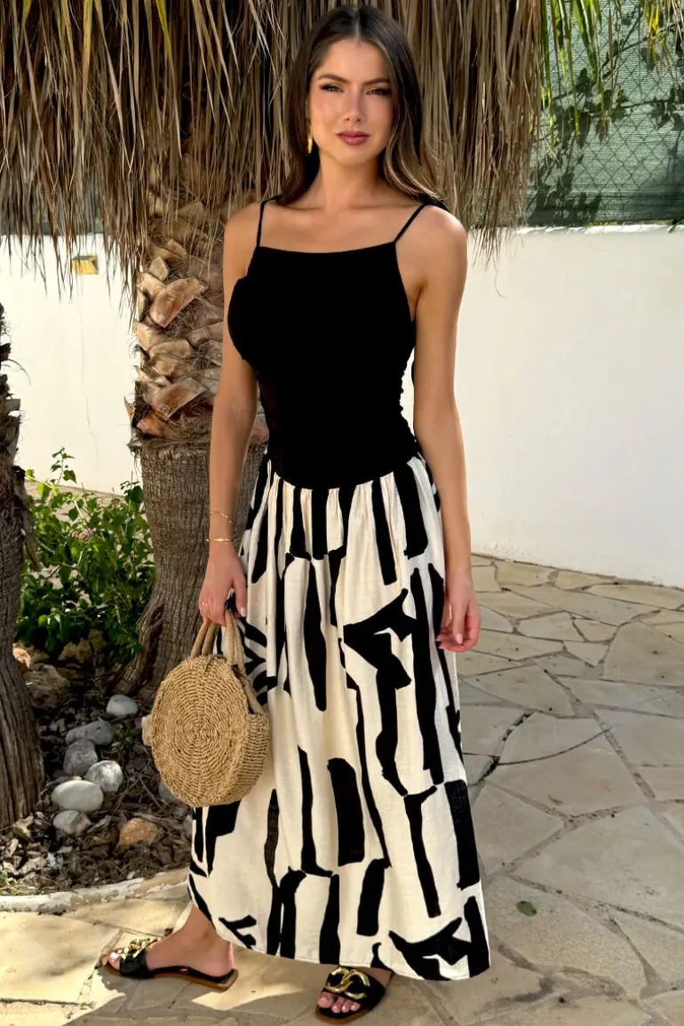 Black And Cream Abstract Print 2 in 1 Ruched Side Tie Straps Midi Dress