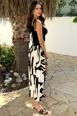 Black And Cream Abstract Print 2 in 1 Ruched Side Tie Straps Midi Dress