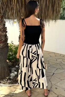 Black And Cream Abstract Print 2 in 1 Ruched Side Tie Straps Midi Dress