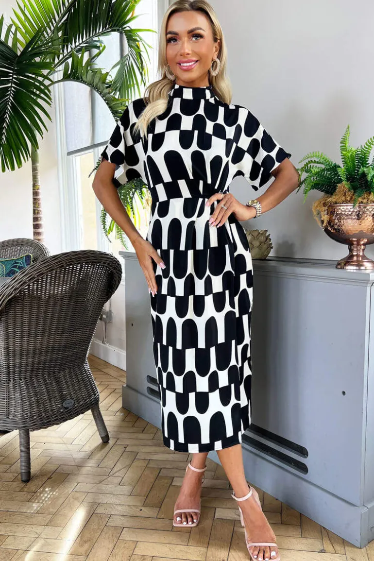 Black And Cream Abstract Print High Neck Wrap Skirt Midi Dress