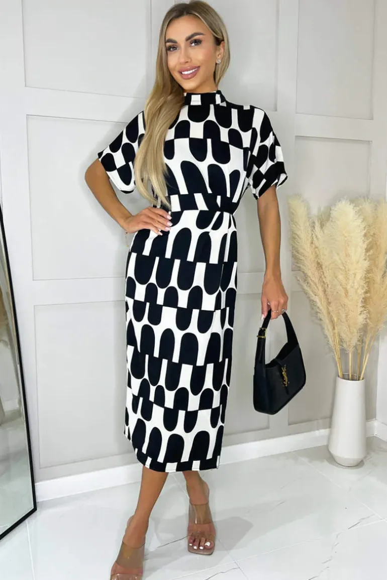Black And Cream Abstract Print High Neck Wrap Skirt Midi Dress