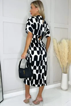Black And Cream Abstract Print High Neck Wrap Skirt Midi Dress