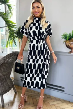 Black And Cream Abstract Print High Neck Wrap Skirt Midi Dress