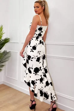Black and Cream Floral Print Frill Hem Midi Dress
