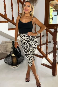 Black and Cream Leopard Print 2 In 1 Strappy Cowl Neck Gathered Midi Dress
