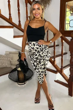 Black and Cream Leopard Print 2 In 1 Strappy Cowl Neck Gathered Midi Dress