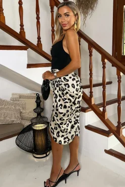 Black and Cream Leopard Print 2 In 1 Strappy Cowl Neck Gathered Midi Dress