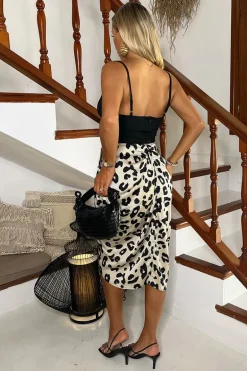 Black and Cream Leopard Print 2 In 1 Strappy Cowl Neck Gathered Midi Dress