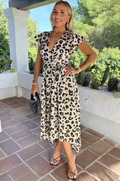 Black And Cream Leopard Print Short Sleeve Belted Wrap Midi Dress