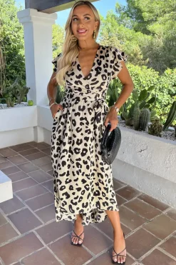 Black And Cream Leopard Print Short Sleeve Belted Wrap Midi Dress
