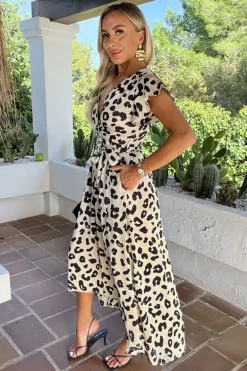 Black And Cream Leopard Print Short Sleeve Belted Wrap Midi Dress
