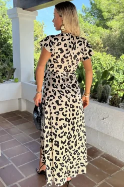 Black And Cream Leopard Print Short Sleeve Belted Wrap Midi Dress