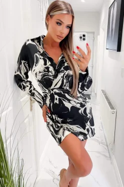 Black And Cream Marble Print Wrap Shirt Mini Dress