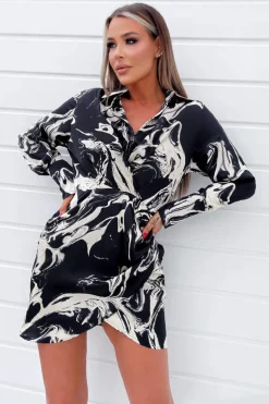 Black And Cream Marble Print Wrap Shirt Mini Dress
