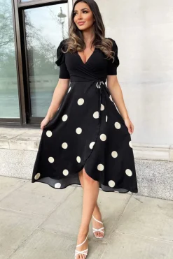 Black And Cream Polka Dot 2 in 1 Wrap Over Midi Dress