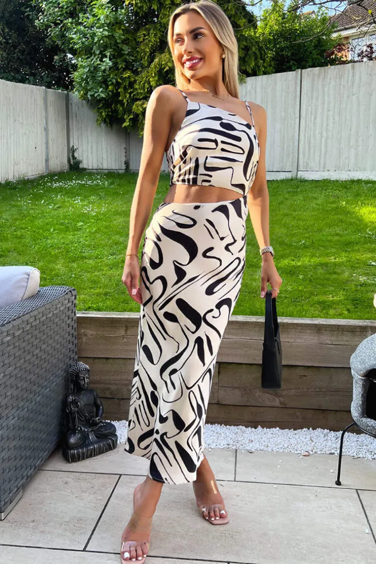 Black And Cream Printed Asymmetric Cut Out Midi Dress