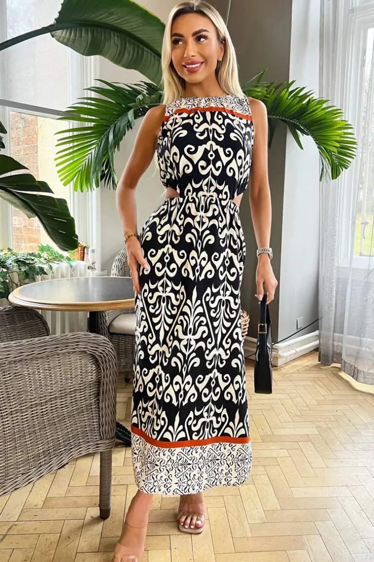 Black and Cream Printed Cut Out Waist Midi Dress