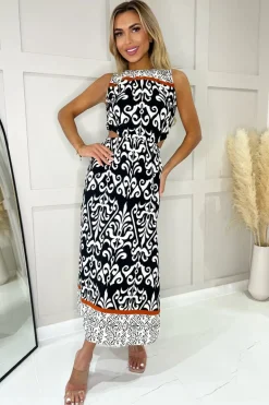 Black and Cream Printed Cut Out Waist Midi Dress