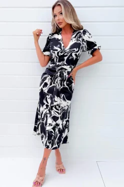 Black And Cream Printed Frill Front Midi Dress