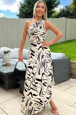 Black and Cream Printed One Shoulder Pleated Satin Midi Dress