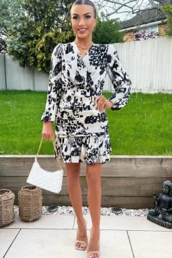 Black And Cream Printed Wrap Top Ruched Mini Dress