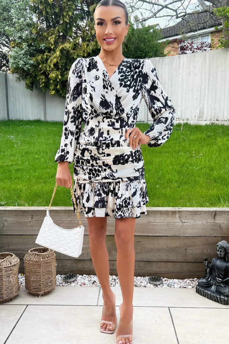 Black And Cream Printed Wrap Top Ruched Mini Dress