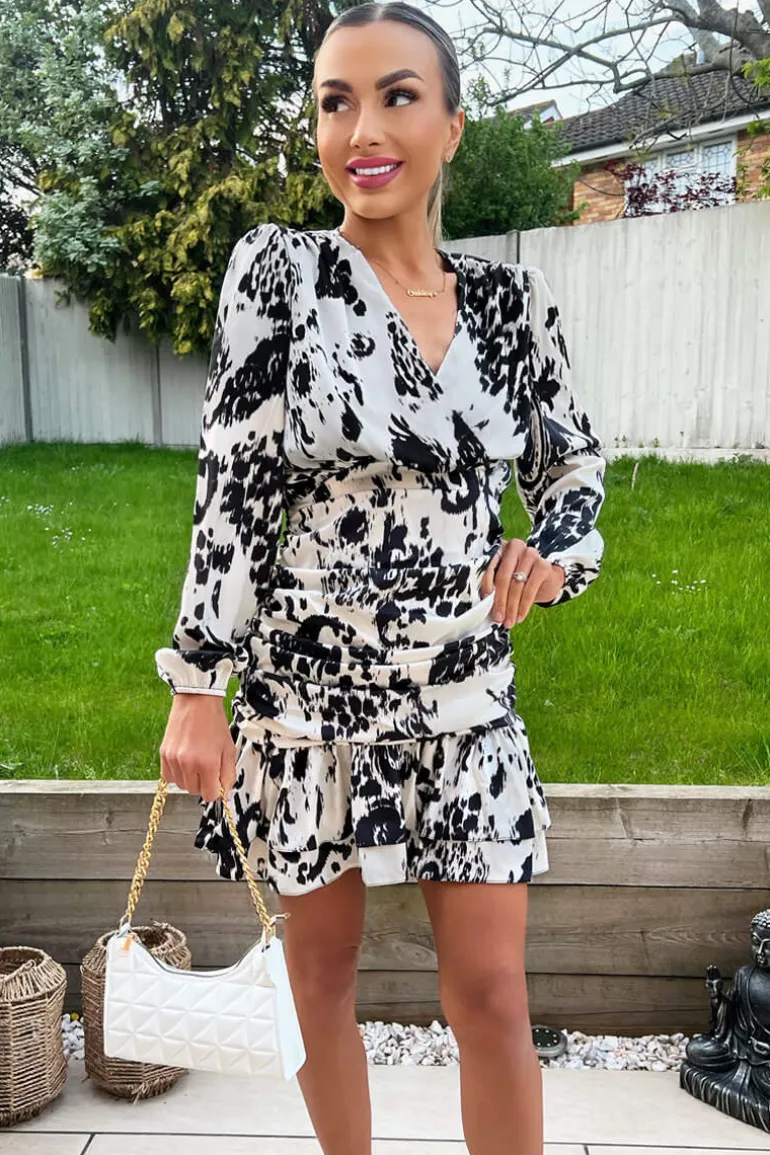 Black And Cream Printed Wrap Top Ruched Mini Dress