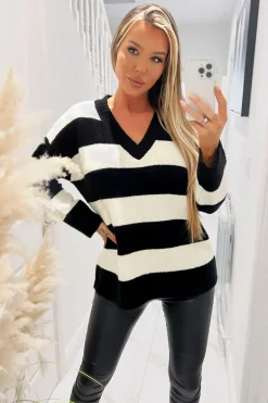 Black And Cream Stripe V-Neck Knitted Jumper