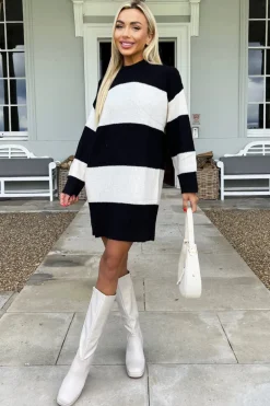 Black And Cream Striped Knitted Dress