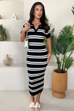 Black And Cream Striped Knitted Bodycon Midi Dress
