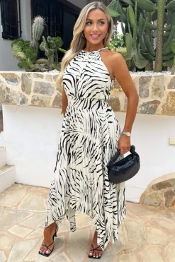 Black And Cream Zebra Print Zig Zag Hem Pleated Midi Dress