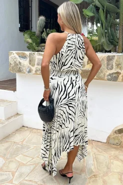 Black And Cream Zebra Print Zig Zag Hem Pleated Midi Dress