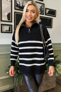 Black And Cream Zip Front Striped Knitted Jumper