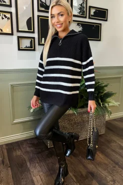 Black And Cream Zip Front Striped Knitted Jumper