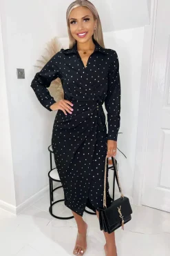 Black And Gold Polka Dot Gathered Midi Dress