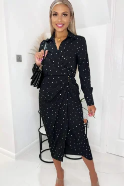 Black And Gold Polka Dot Gathered Midi Dress