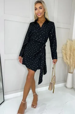 Black And Gold Polka Dot Wrap Tie Mini Dress
