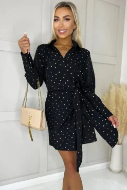 Black And Gold Polka Dot Wrap Tie Mini Dress