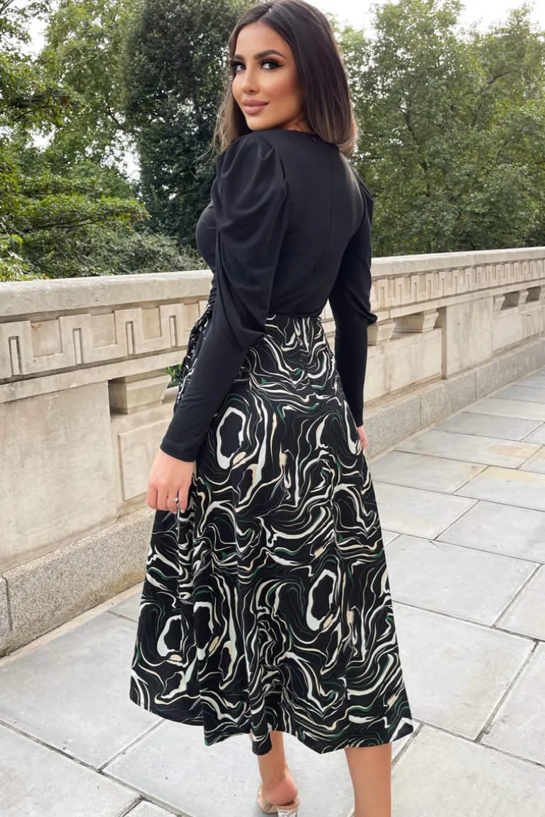 Black And Green 2 in 1 Marble Print Wrap Dress