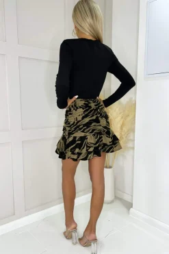 Black And Khaki Print 2 in 1 Ruched Mini Dress