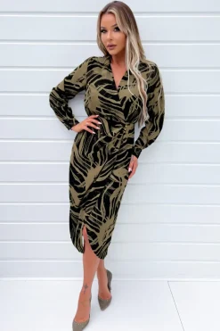 Black and Khaki Print Wrap Collared Midi Dress